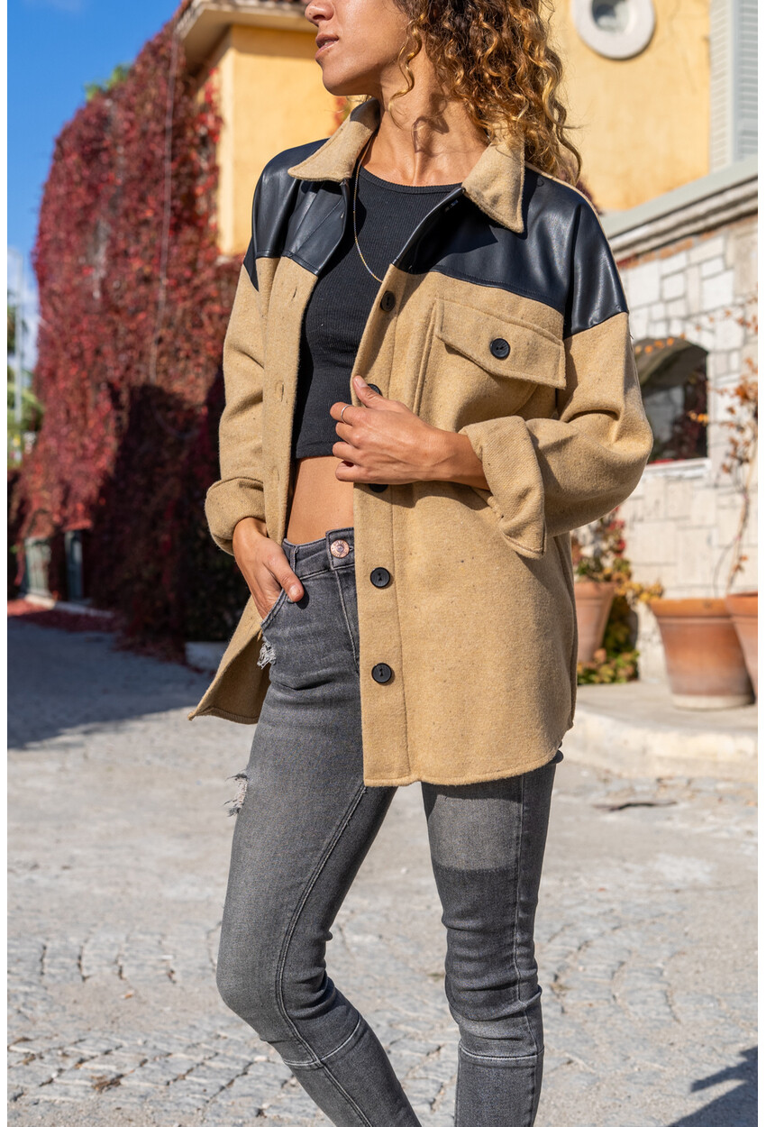 Kadın Camel Deri Garnili Sırtı Baskılı Kaşe Oversize Ceket Gömlek Bst3289