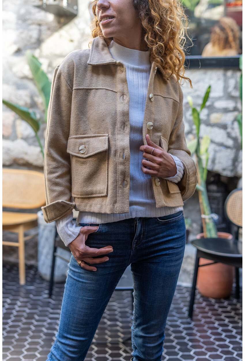Kadın Camel Kaşe Cepli Düğmeli Kısa Ceket Bst3291