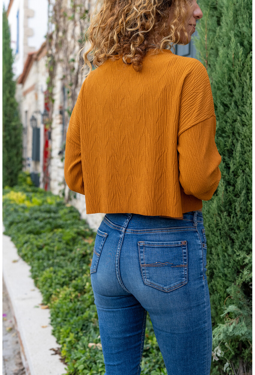 Kadın Camel Kendinden Dokulu Cepli Crop Salaş Sweatshirt Bst3321