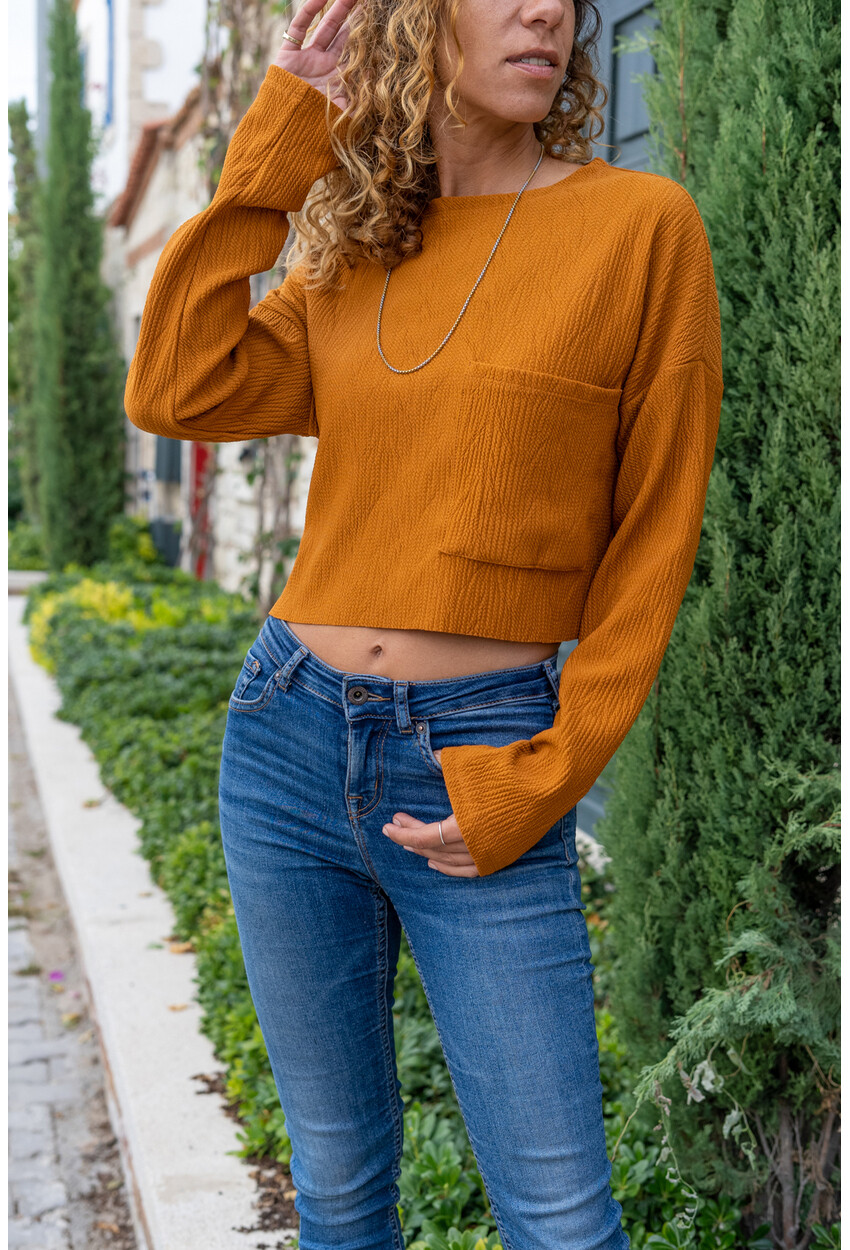 Kadın Camel Kendinden Dokulu Cepli Crop Salaş Sweatshirt Bst3321
