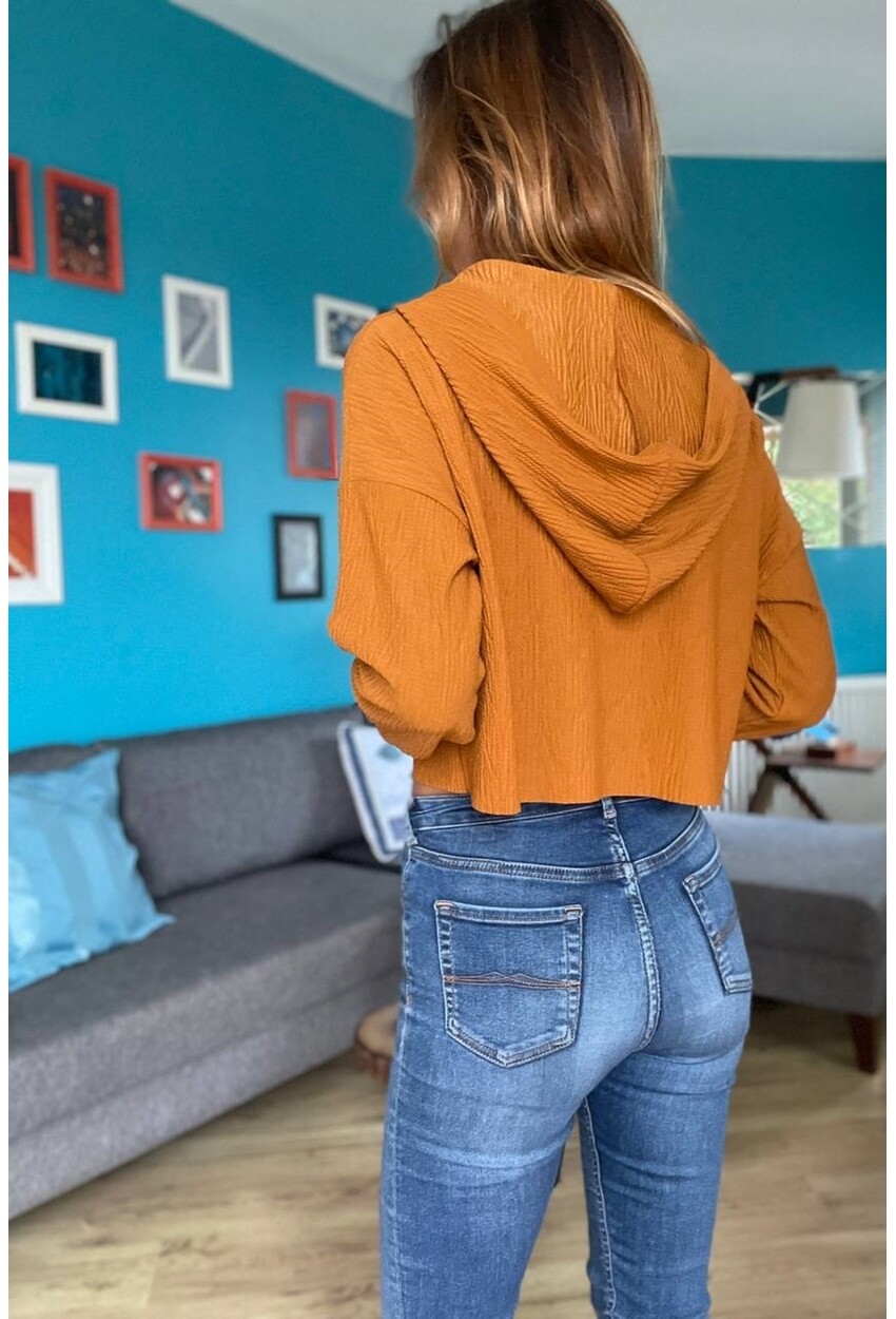 Kadın Camel Kendinden Dokulu Fermuarlı Kapüşonlu Crop Sweatshirt Bst3322