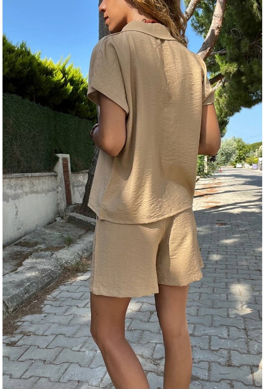 Kadın Camel Keten Ceket Yaka Düğmeli Kısa Kol Gömlek Şort Takım Bst3402
