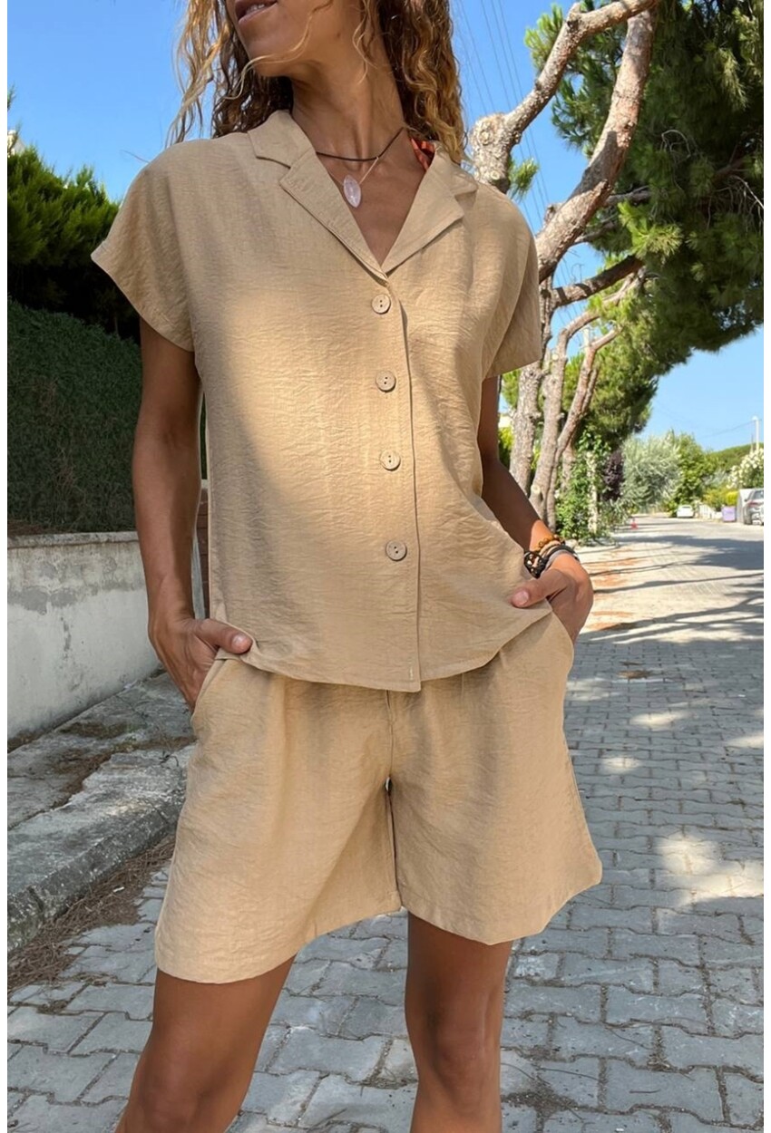 Kadın Camel Keten Ceket Yaka Düğmeli Kısa Kol Gömlek Şort Takım Bst3402