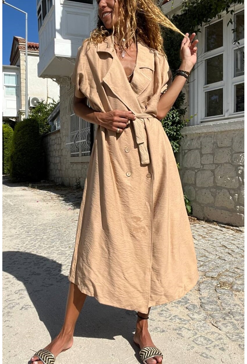Kadın Camel Keten Ceket Yaka Kemerli Salaş Elbise Bst3162