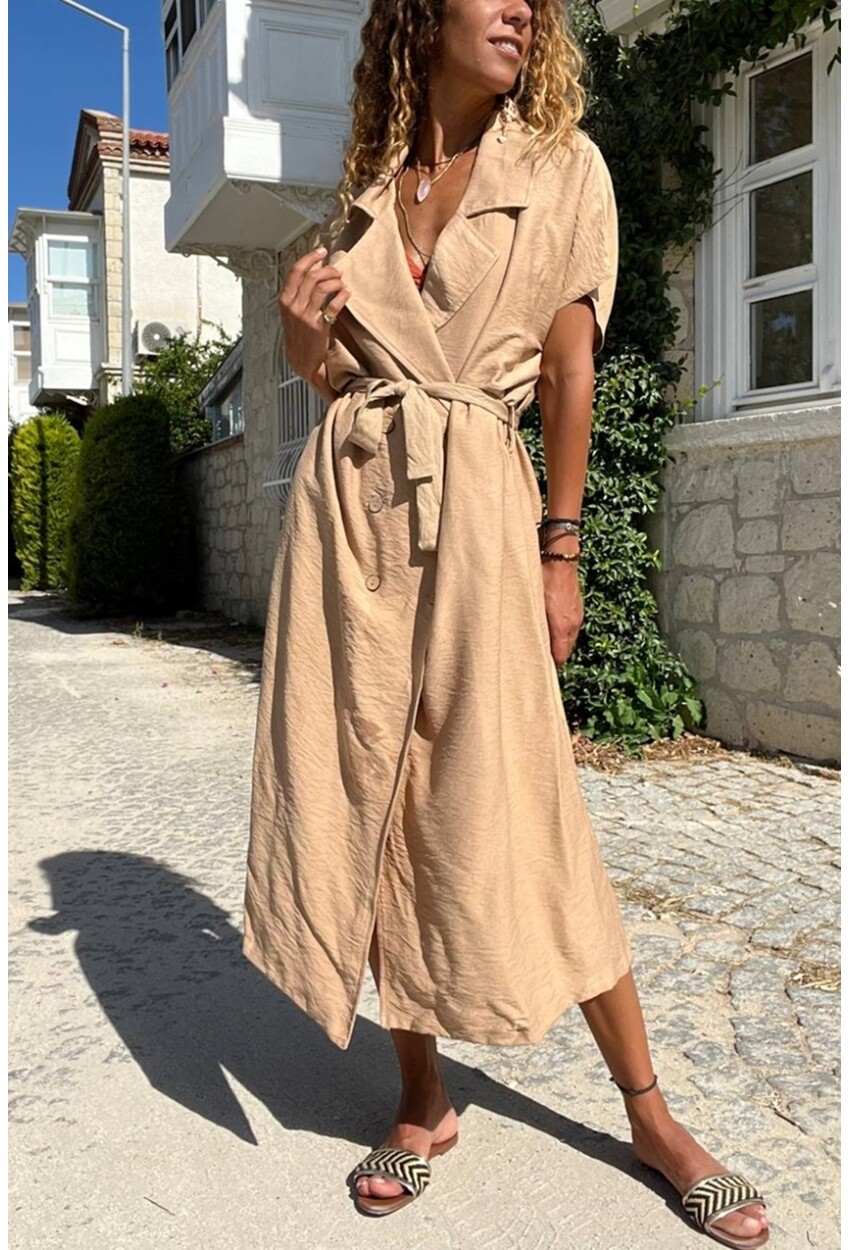 Kadın Camel Keten Ceket Yaka Kemerli Salaş Elbise Bst3162