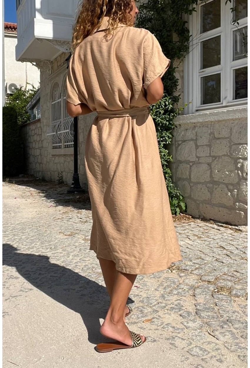 Kadın Camel Keten Ceket Yaka Kemerli Salaş Elbise Bst3162