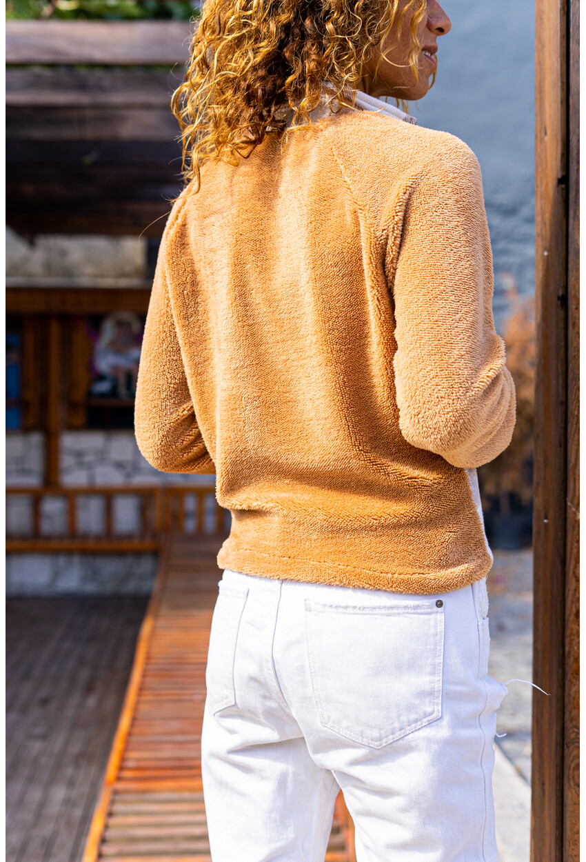 Womens Camel Raglan Sleeve Plush Plaid Garnish Zipper Jacket GK-BST3175
