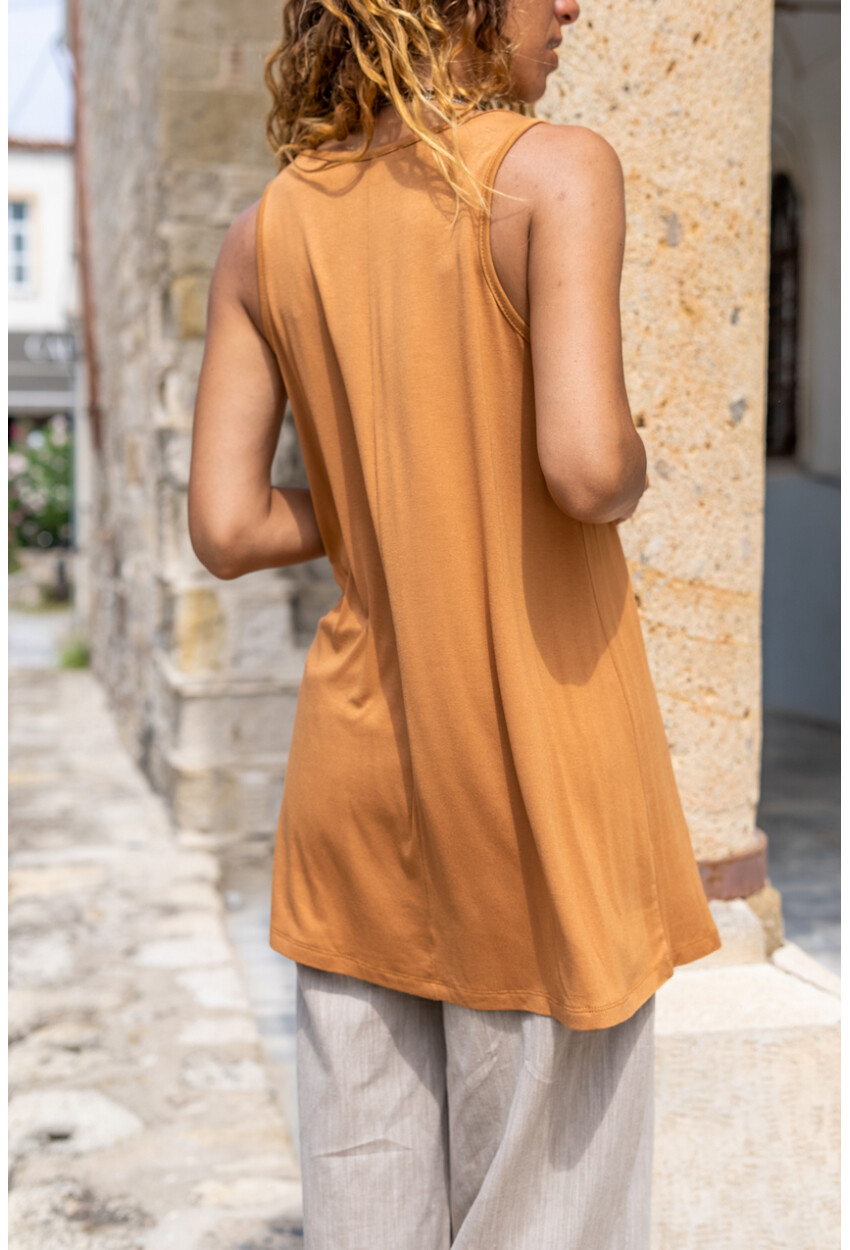 Kadın Camel V Yaka Kolsuz A Kesim Basic T-Shirt Gk-Jr401