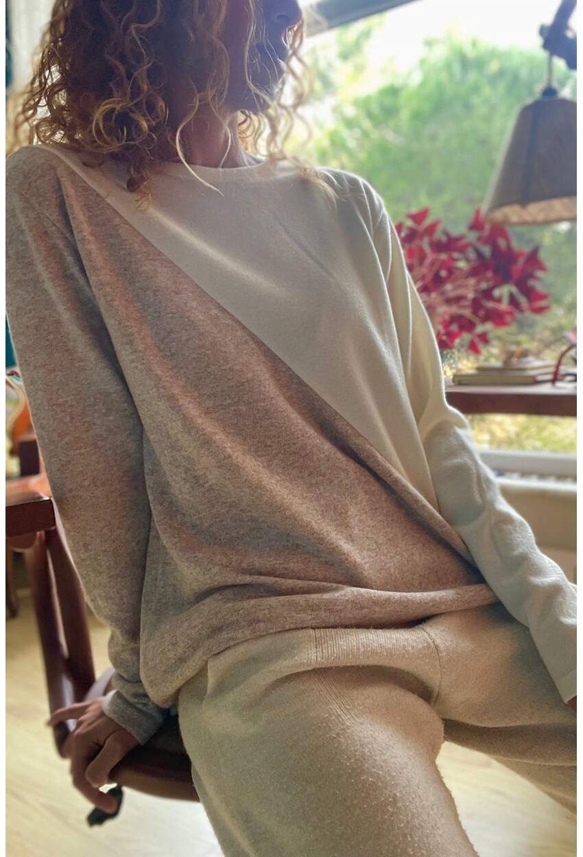 Kadın Ekru-Bej Verev Color Block Yumuşak Dokulu Salaş Tunik Kazak Nc1