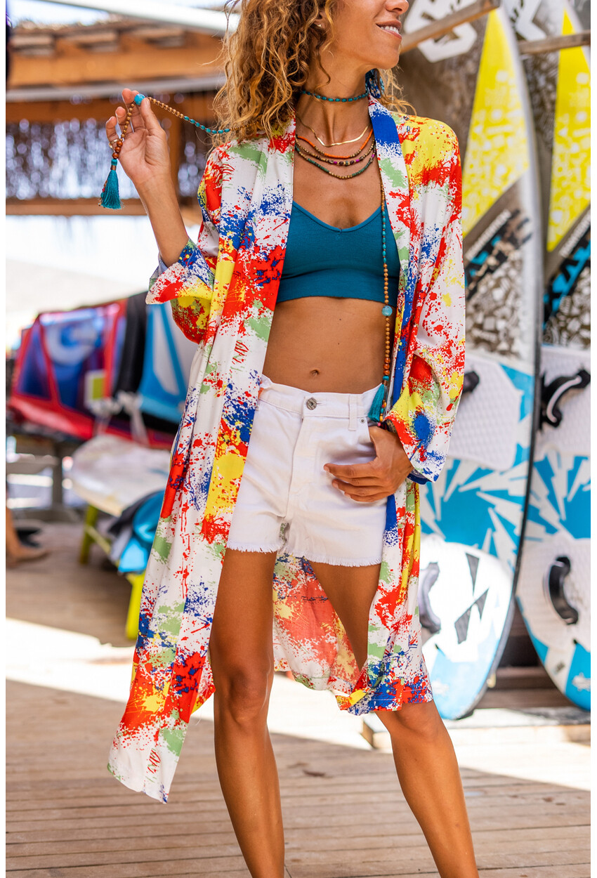 Kadın Ekru Desenli Salaş Kimono BST3158E
