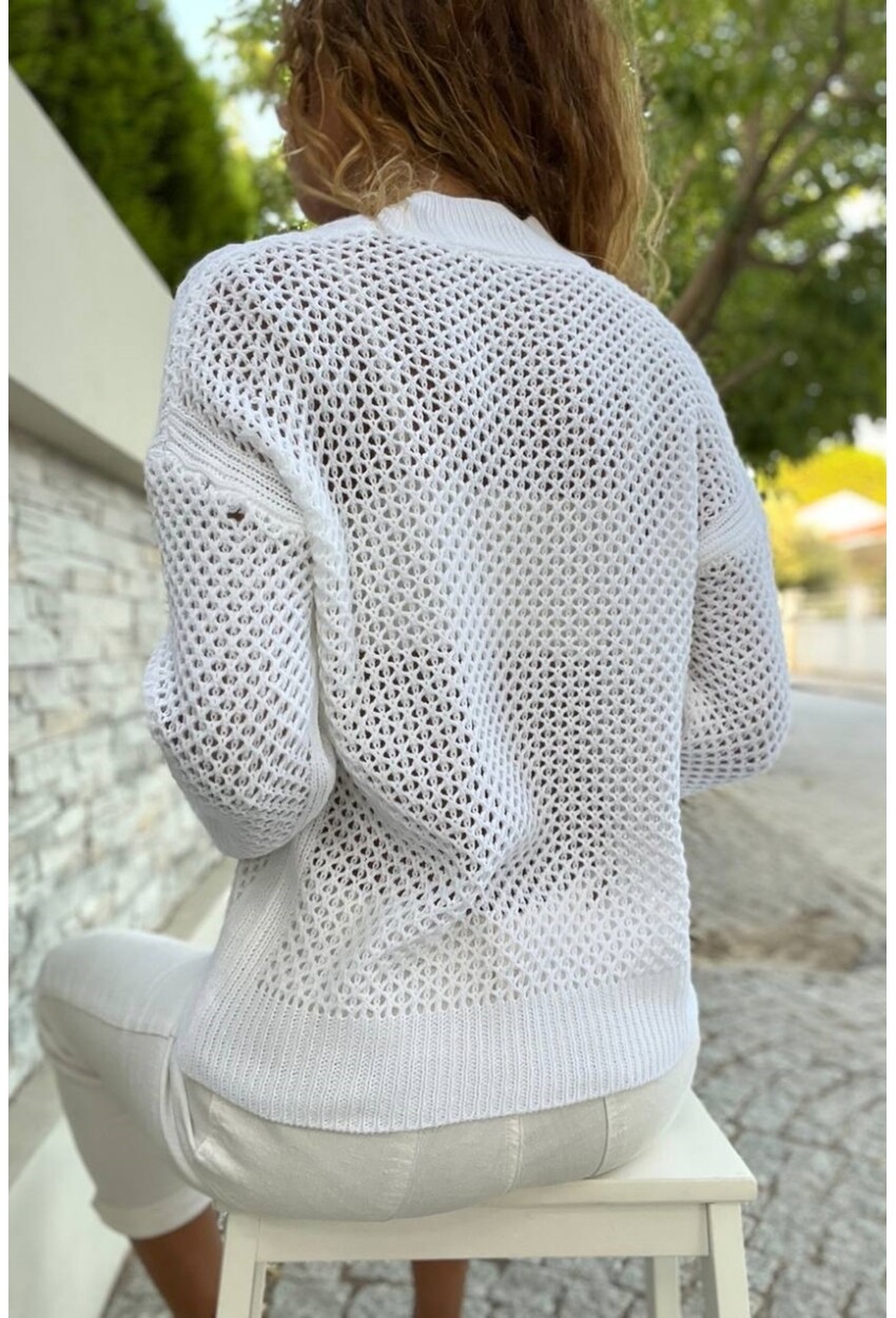 Kadın Ekru Düğmeli Ajurlu Salaş Hırka Cck95009