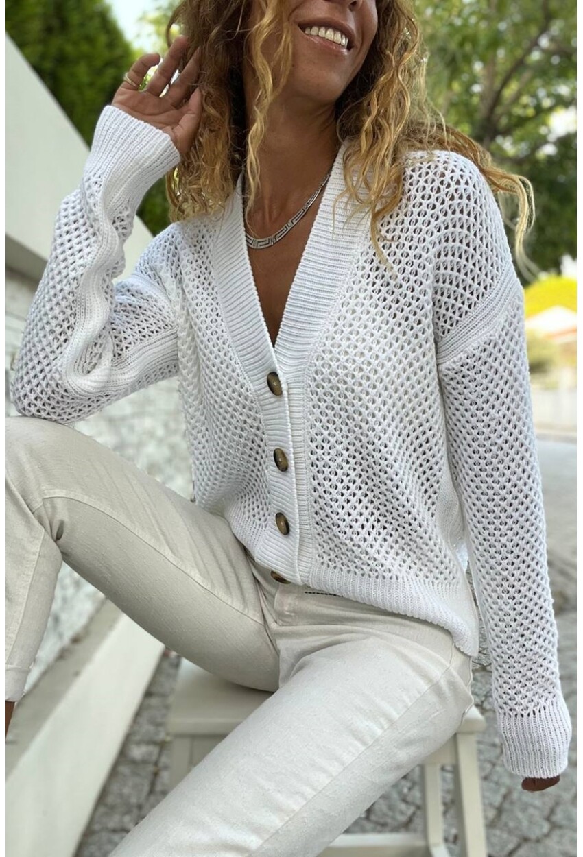 Kadın Ekru Düğmeli Ajurlu Salaş Hırka Cck95009