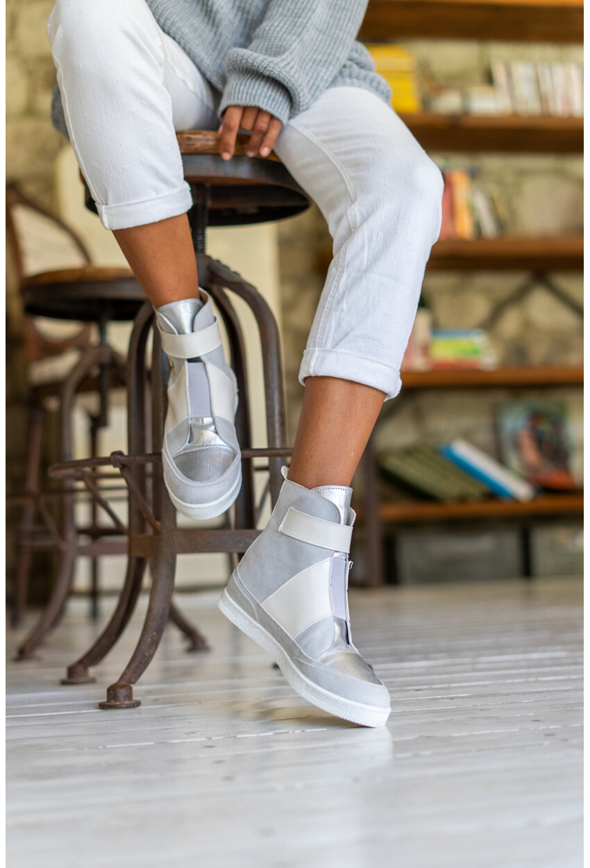 Guki35 Kadın Ekru-Gri Günlük Rahat Vegan Open High Top Sneaker Gk-Leporis032