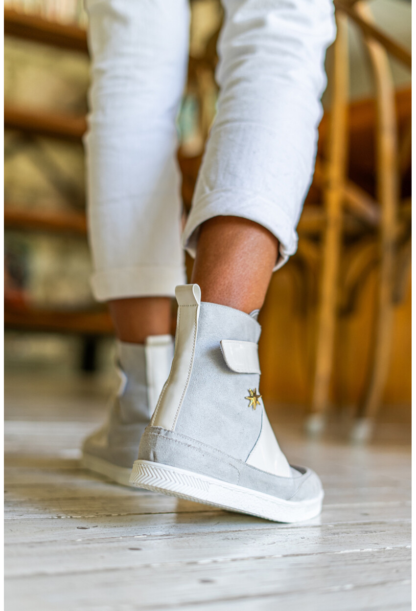Guki35 Kadın Ekru-Gri Günlük Rahat Vegan Open High Top Sneaker Gk-Leporis032