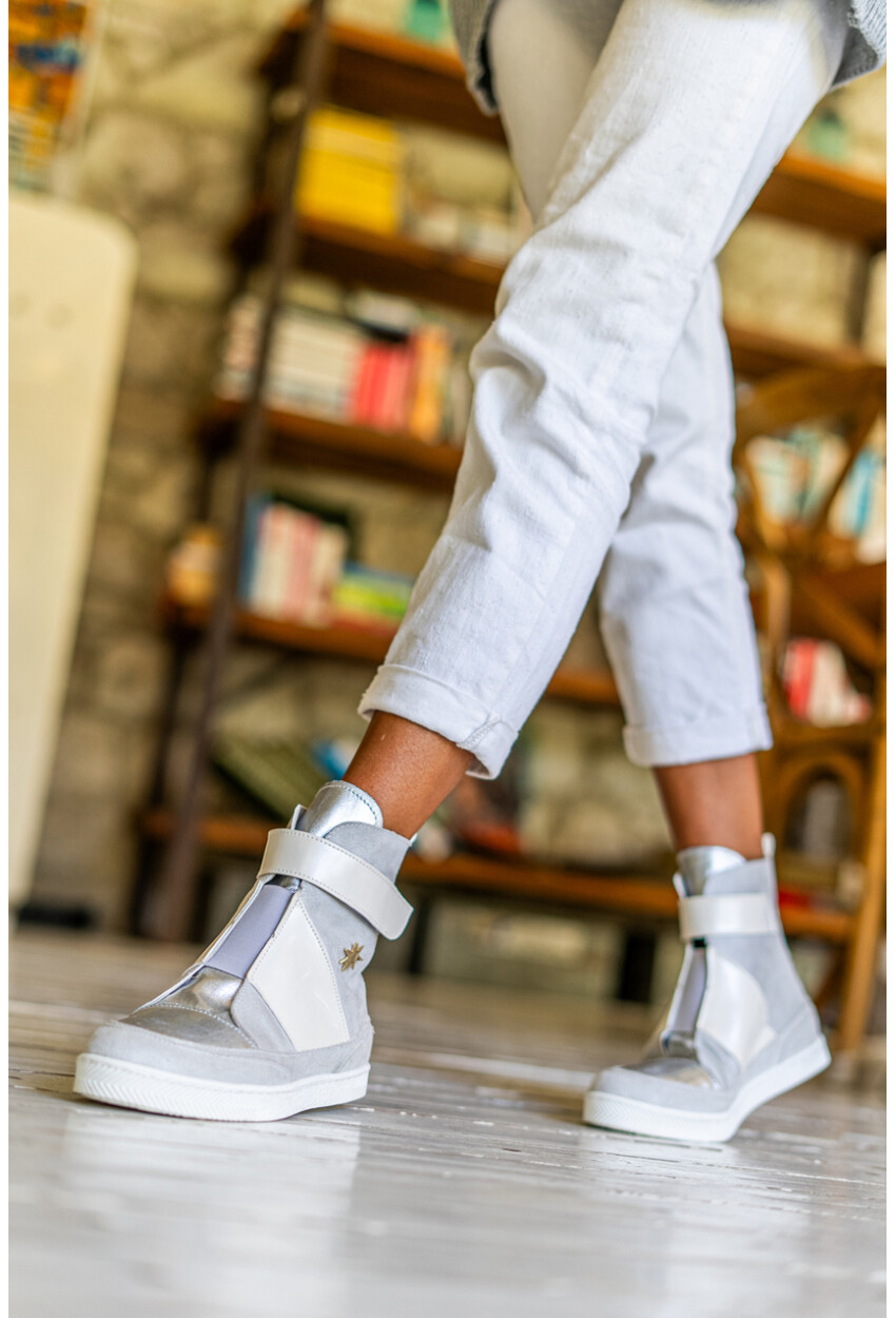 Guki35 Kadın Ekru-Gri Günlük Rahat Vegan Open High Top Sneaker Gk-Leporis032