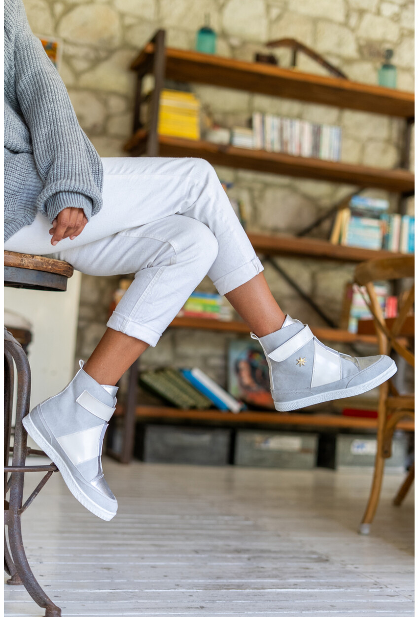 Guki35 Kadın Ekru-Gri Günlük Rahat Vegan Open High Top Sneaker Gk-Leporis032