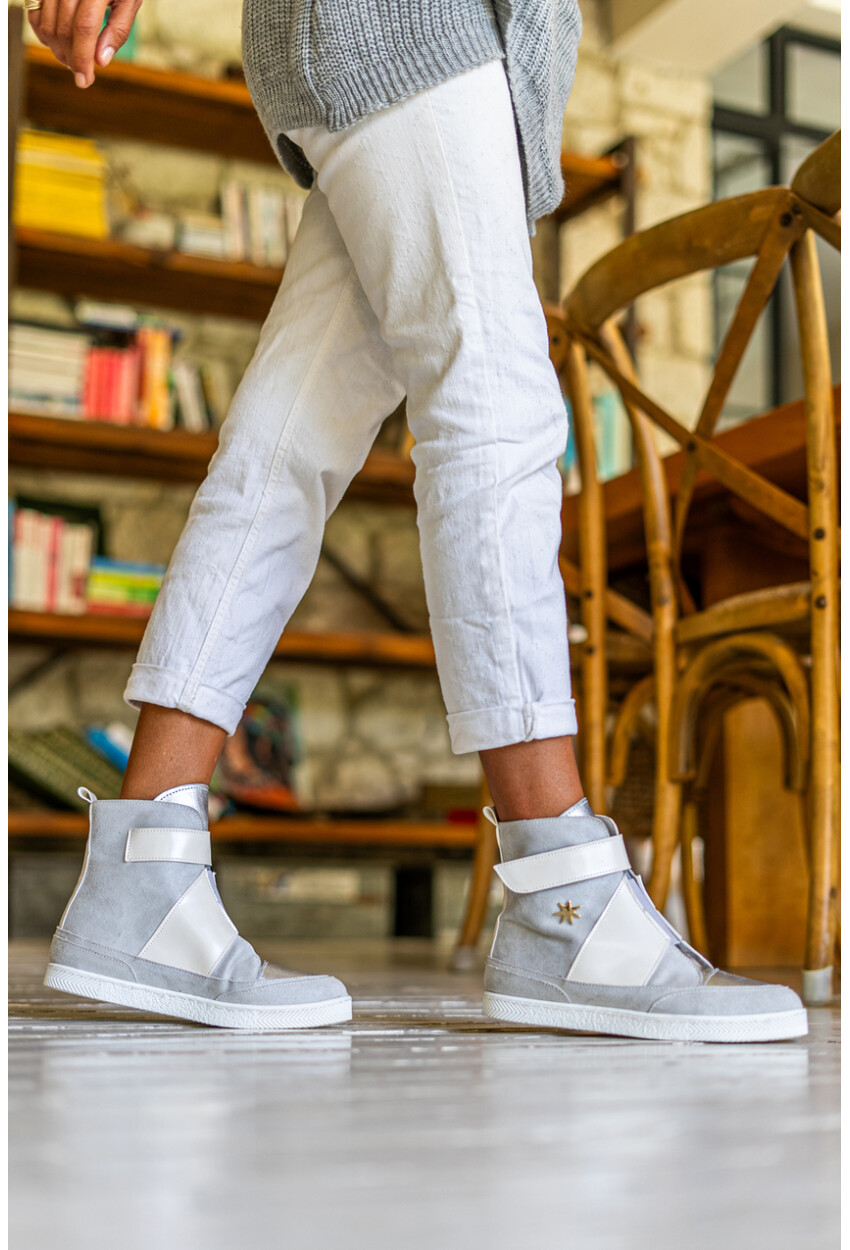 Guki35 Kadın Ekru-Gri Günlük Rahat Vegan Open High Top Sneaker Gk-Leporis032