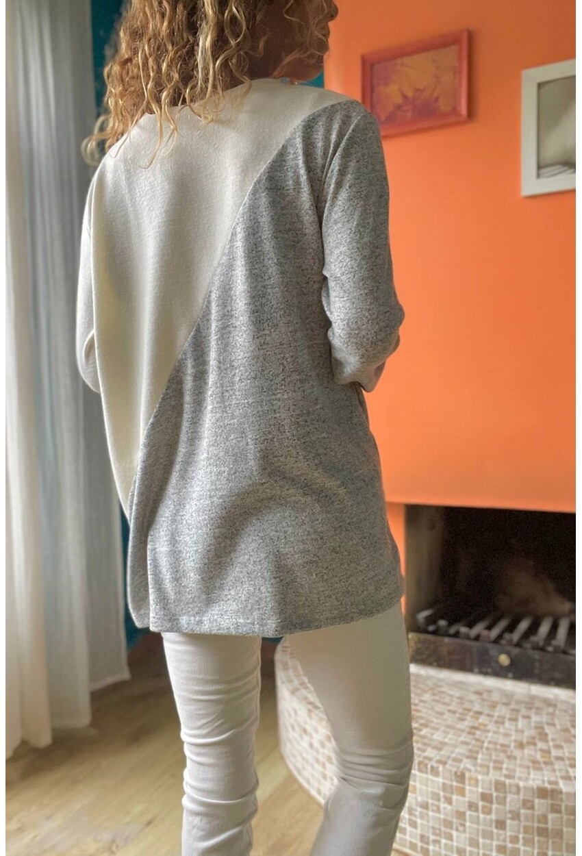Kadın Ekru-Gri Verev Color Block Yumuşak Dokulu Salaş Tunik Kazak Nc1