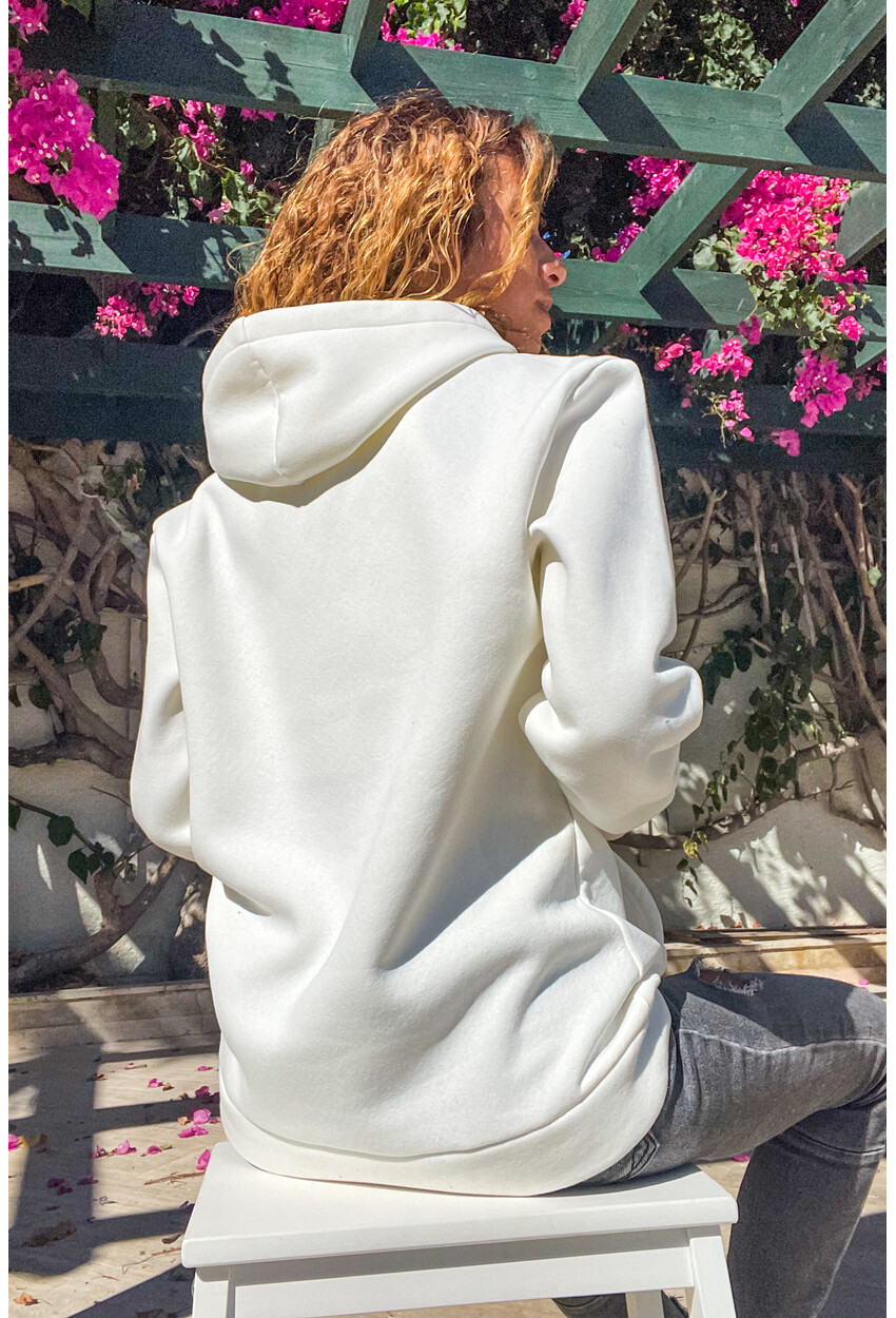 Kadın Ekru Kanguru Cep Üç İplik Kapüşonlu Sweatshirt Hs100