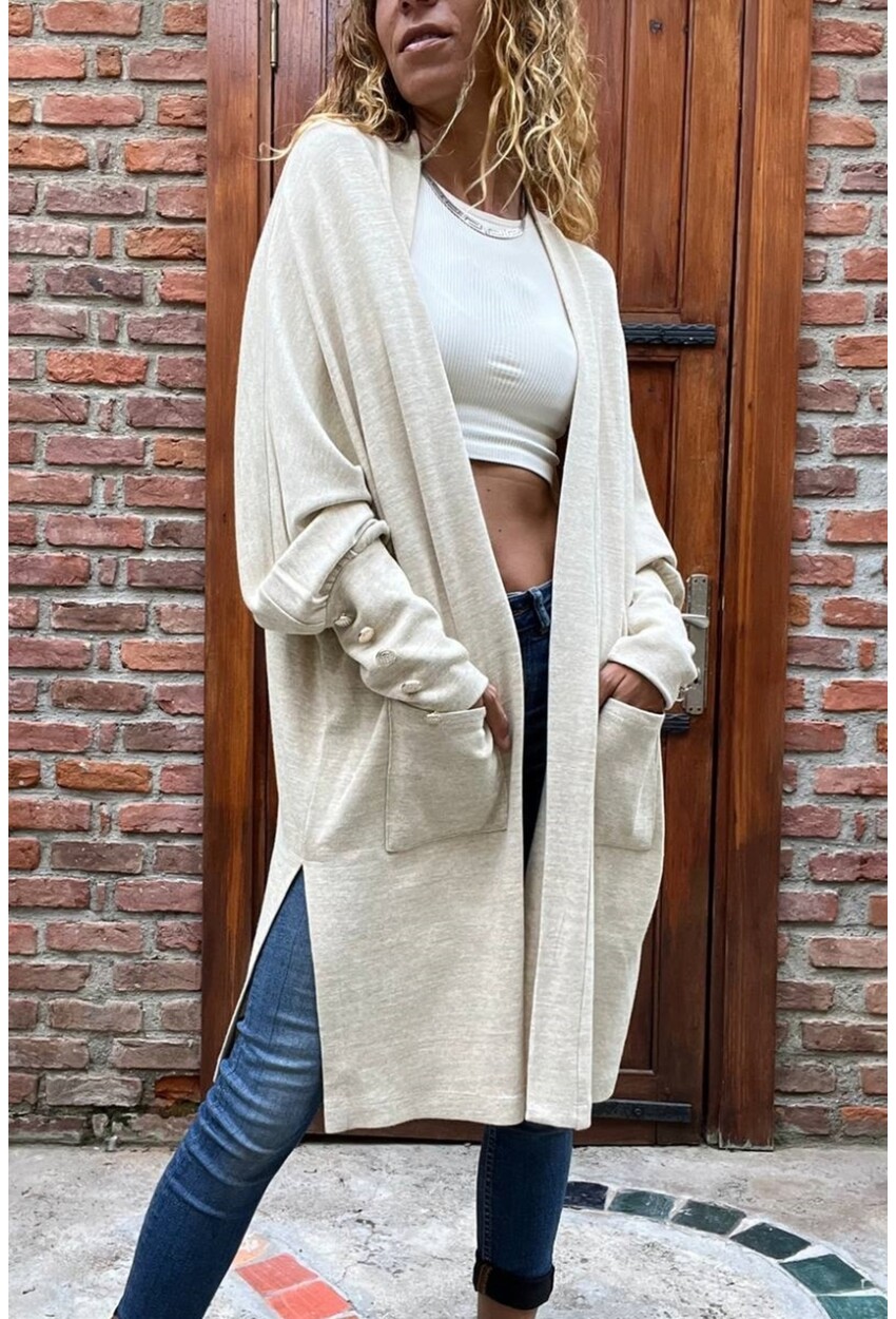 Kadın Ekru Kapüşonlu Cepli Uzun Salaş Hırka Cck95000