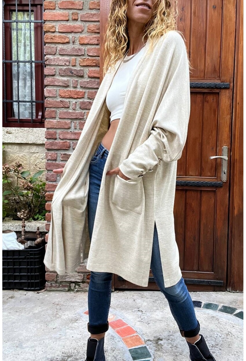 Kadın Ekru Kapüşonlu Cepli Uzun Salaş Hırka Cck95000