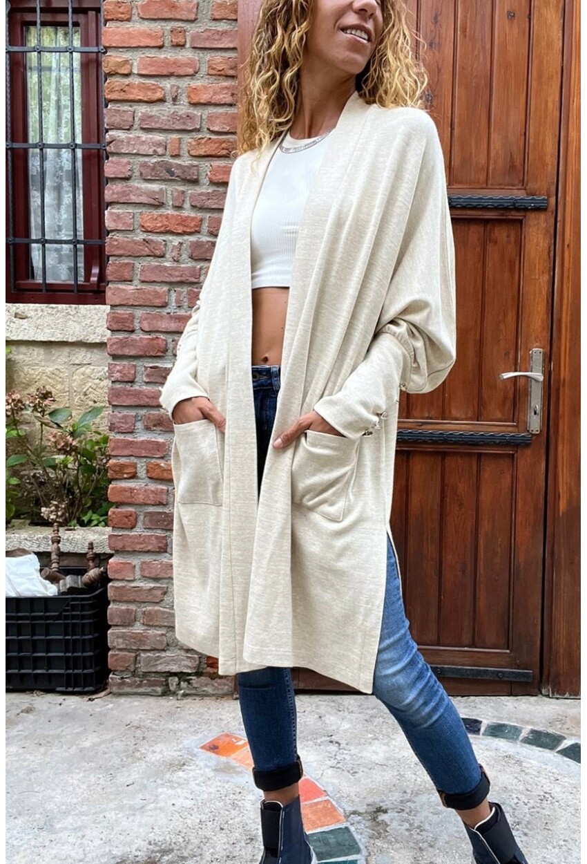 Kadın Ekru Kapüşonlu Cepli Uzun Salaş Hırka Cck95000