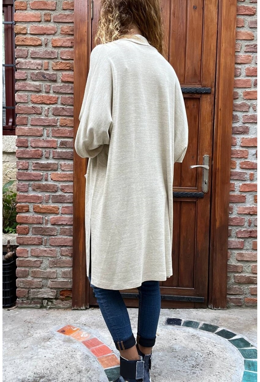 Kadın Ekru Kapüşonlu Cepli Uzun Salaş Hırka Cck95000