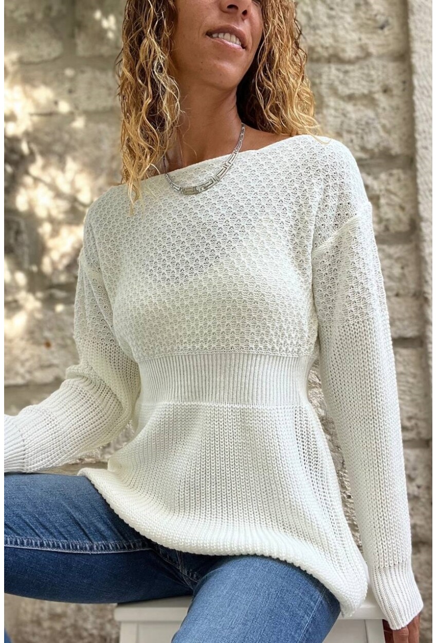 Kadın Ekru Kayık Yaka Özel Dokulu Kazak Cck95005