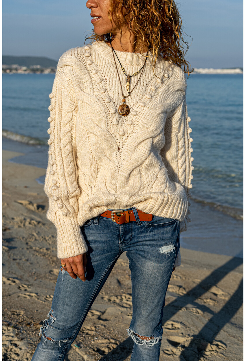 Womens Ecru Patterned Wool Loose Sweater CCK5110