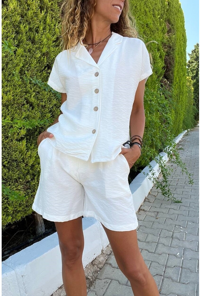 Kadın Ekru Keten Ceket Yaka Düğmeli Kısa Kol Gömlek Şort Takım Bst3402