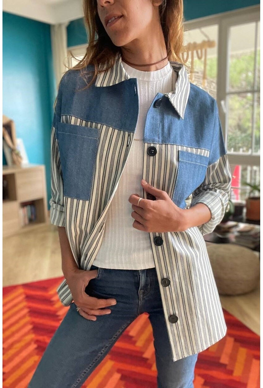 Kadın Ekru-Mavi Kot Garnili Düğmeli Oversize Gömlek Bst3285