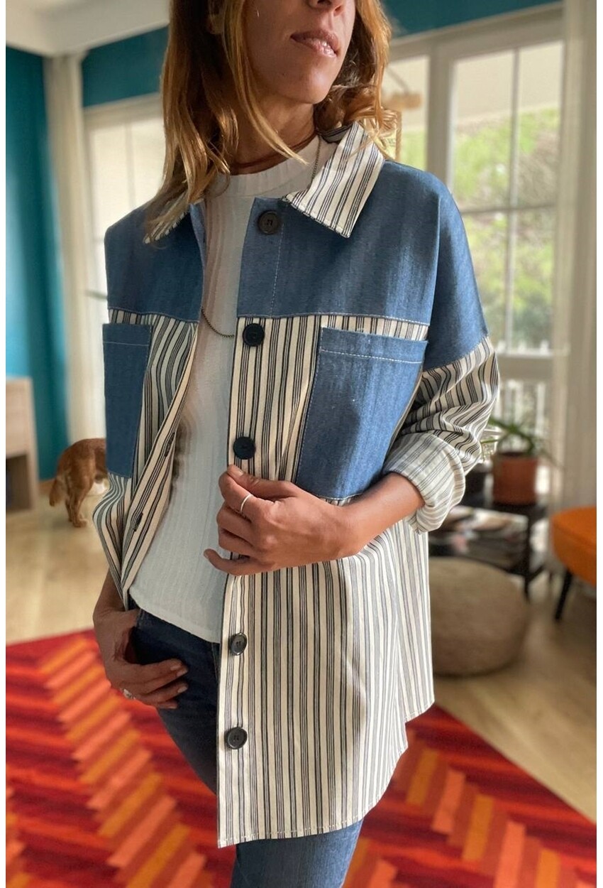 Kadın Ekru-Mavi Kot Garnili Düğmeli Oversize Gömlek Bst3285