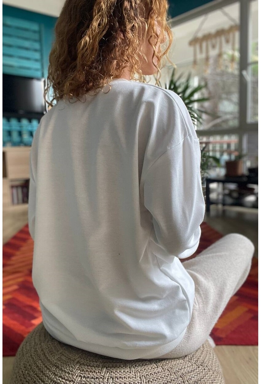 Kadın Ekru O Yaka İki İplik Salaş Basic Sweatshirt Vl2