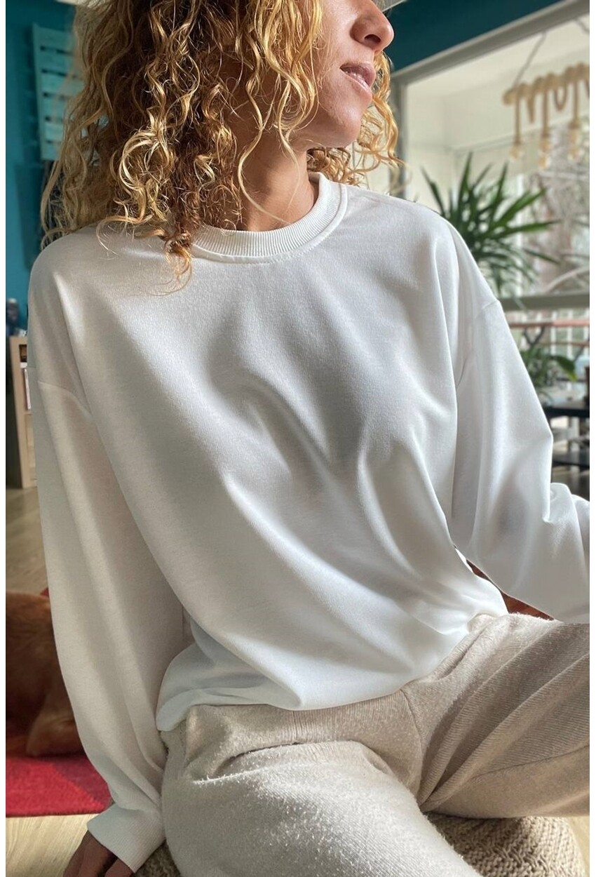 Kadın Ekru O Yaka İki İplik Salaş Basic Sweatshirt Vl2