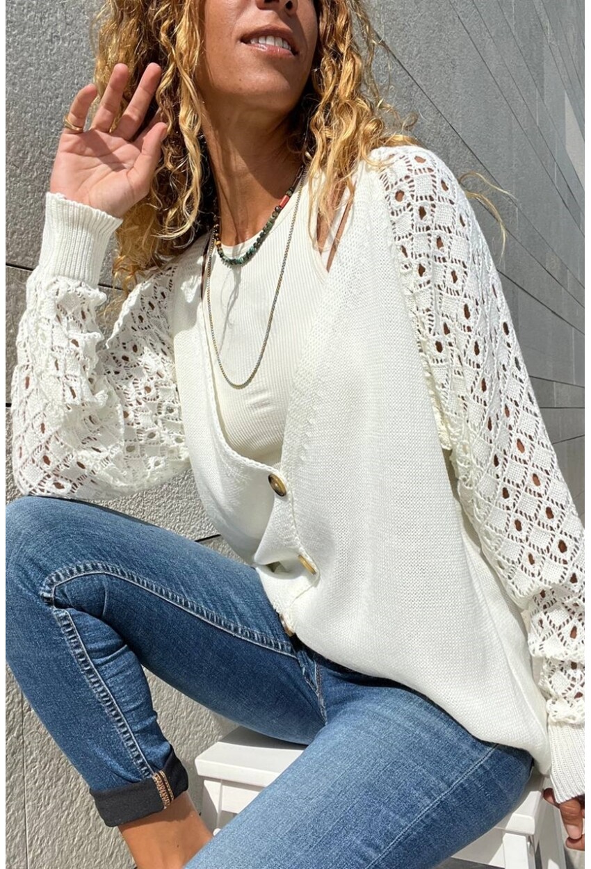 Kadın Ekru Raglan Kol Düğmeli Kolları Ajurlu Salaş Hırka Cck95004
