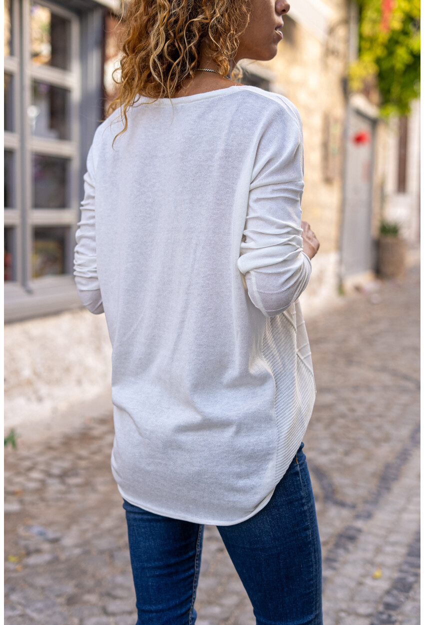 Womens Ecru V-Neck Soft Textured Sweater GK-JR408