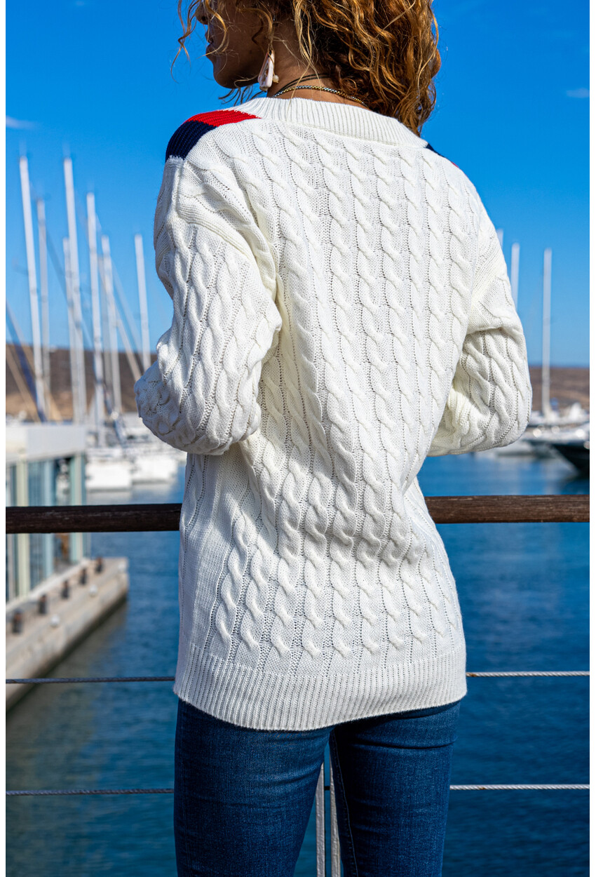 Womens Ecru V-Neck Knitted Collar Garnish Sweater GK-CCK7080