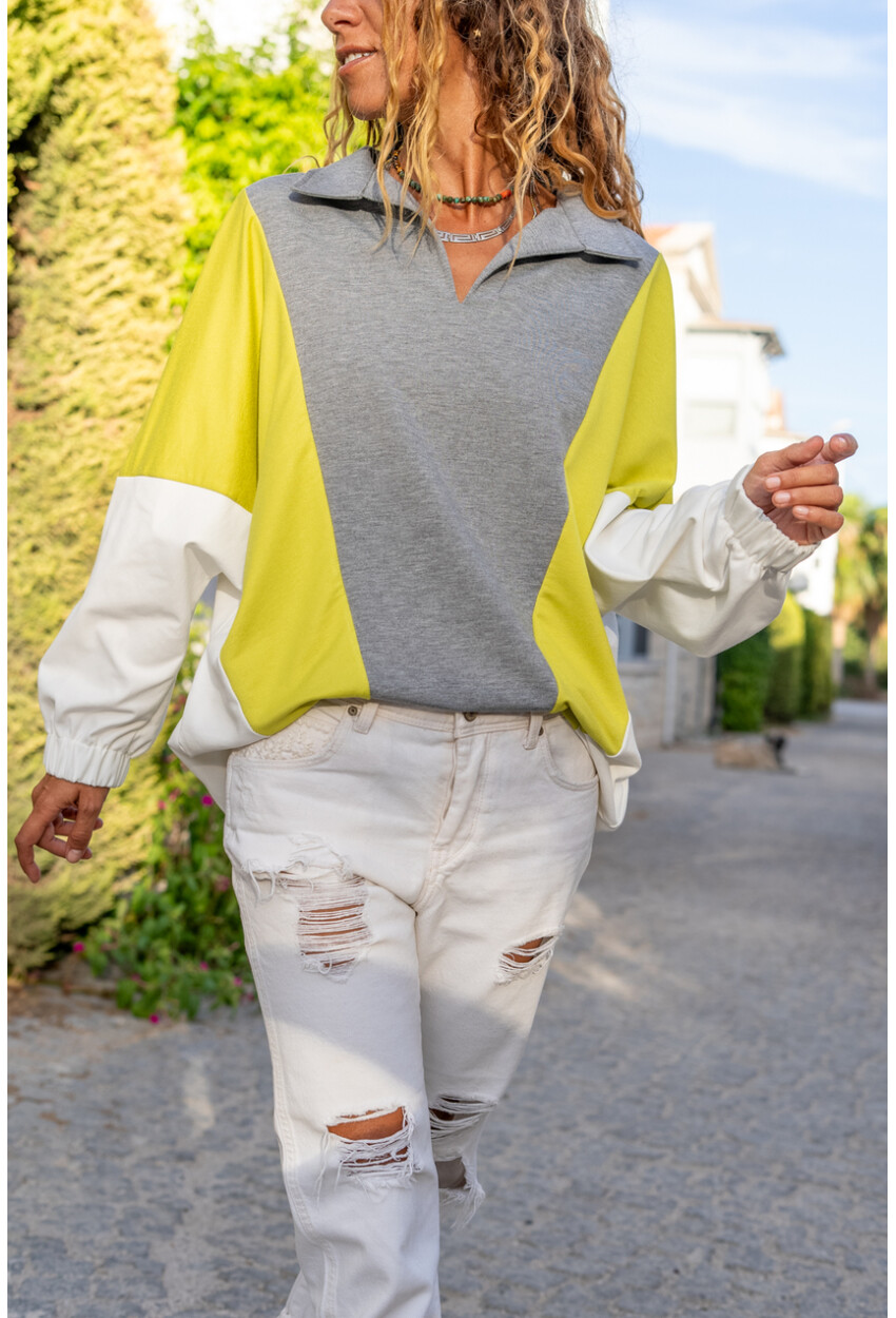 Kadın Fıstık Yeşili-Gri Polo Yaka Yarasa Kol Color Block Salaş Sweatshirt Bst3473