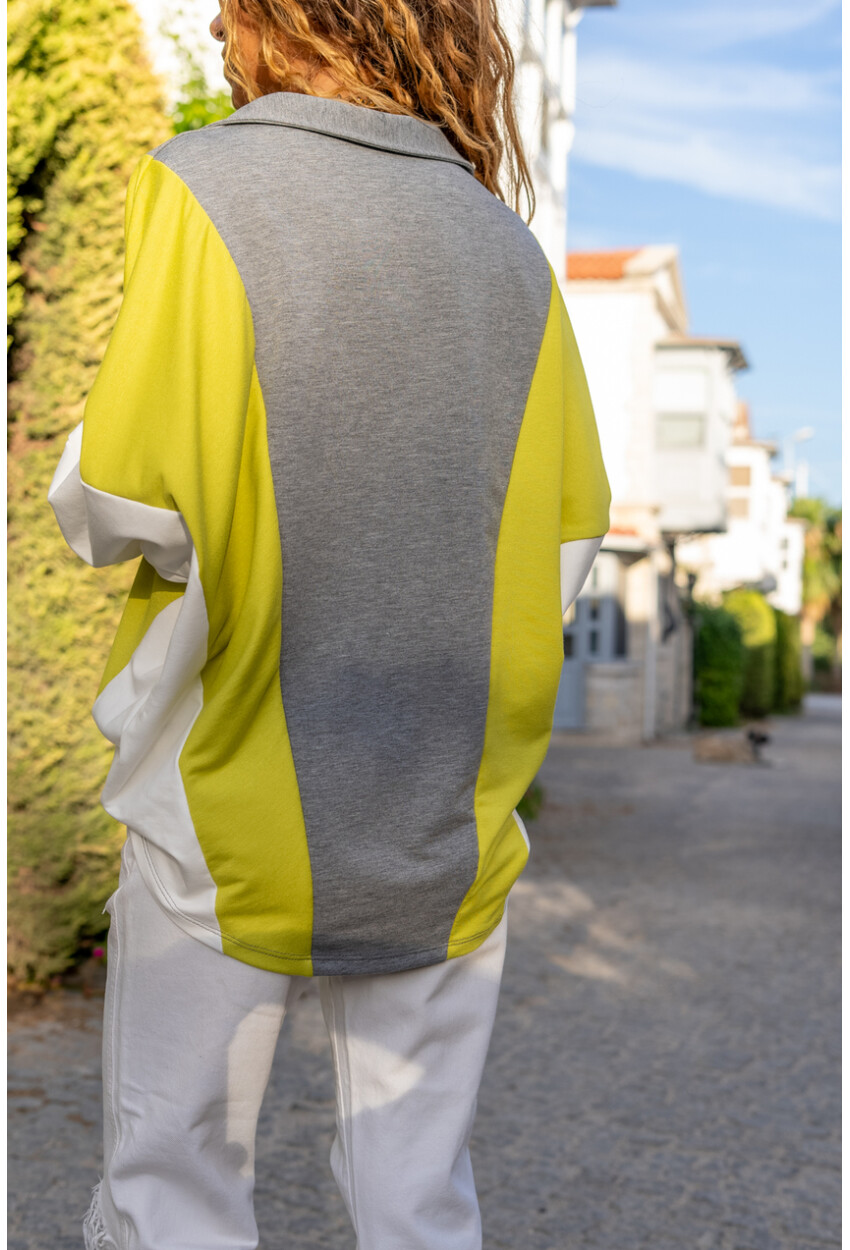 Kadın Fıstık Yeşili-Gri Polo Yaka Yarasa Kol Color Block Salaş Sweatshirt Bst3473