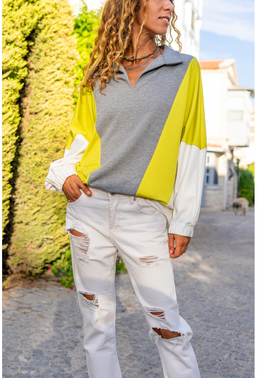 Kadın Fıstık Yeşili-Gri Polo Yaka Yarasa Kol Color Block Salaş Sweatshirt Bst3473