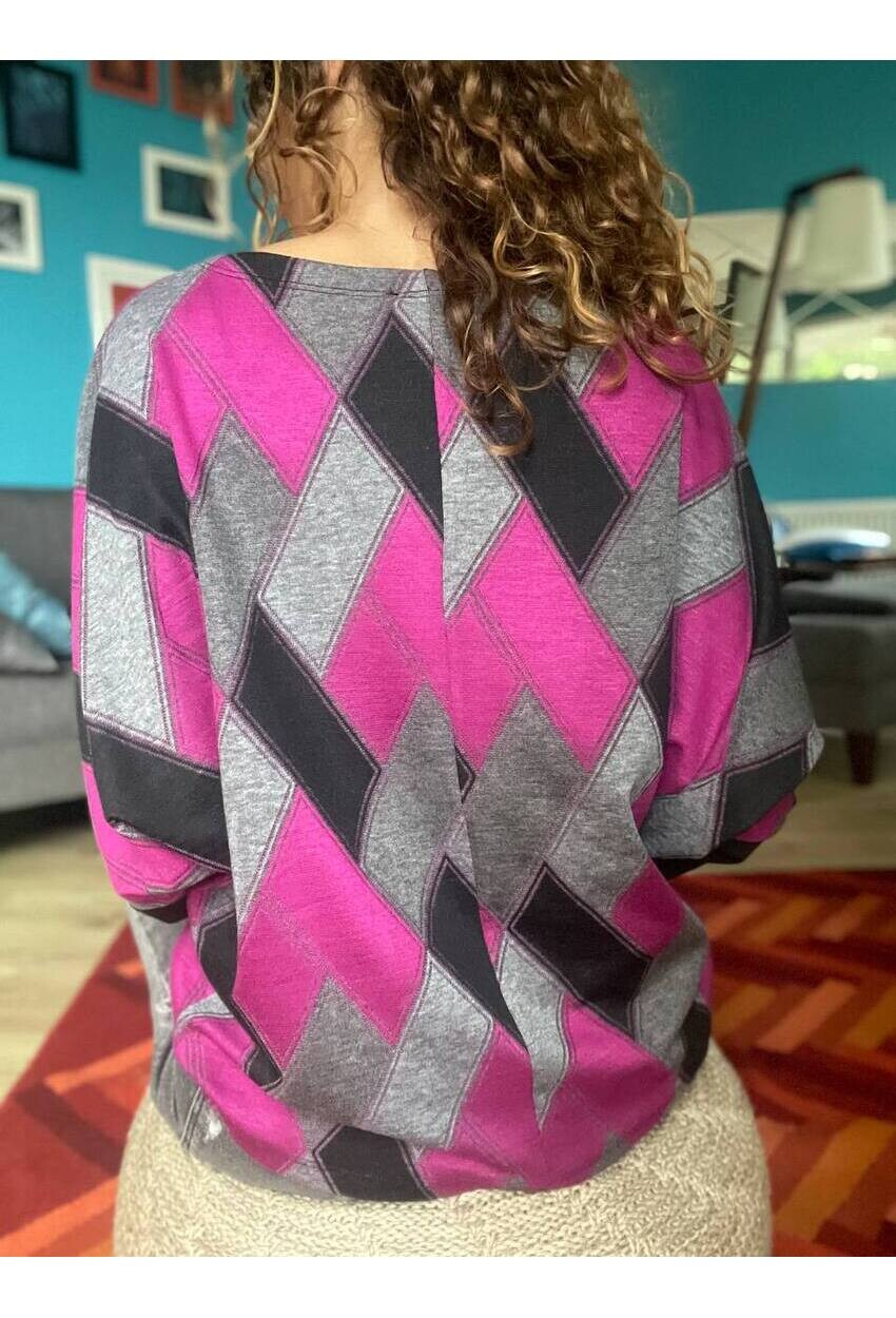 Kadın Fuşya V Yaka Baklava Desen Color Block Yarasa Kol Kazak BST3342