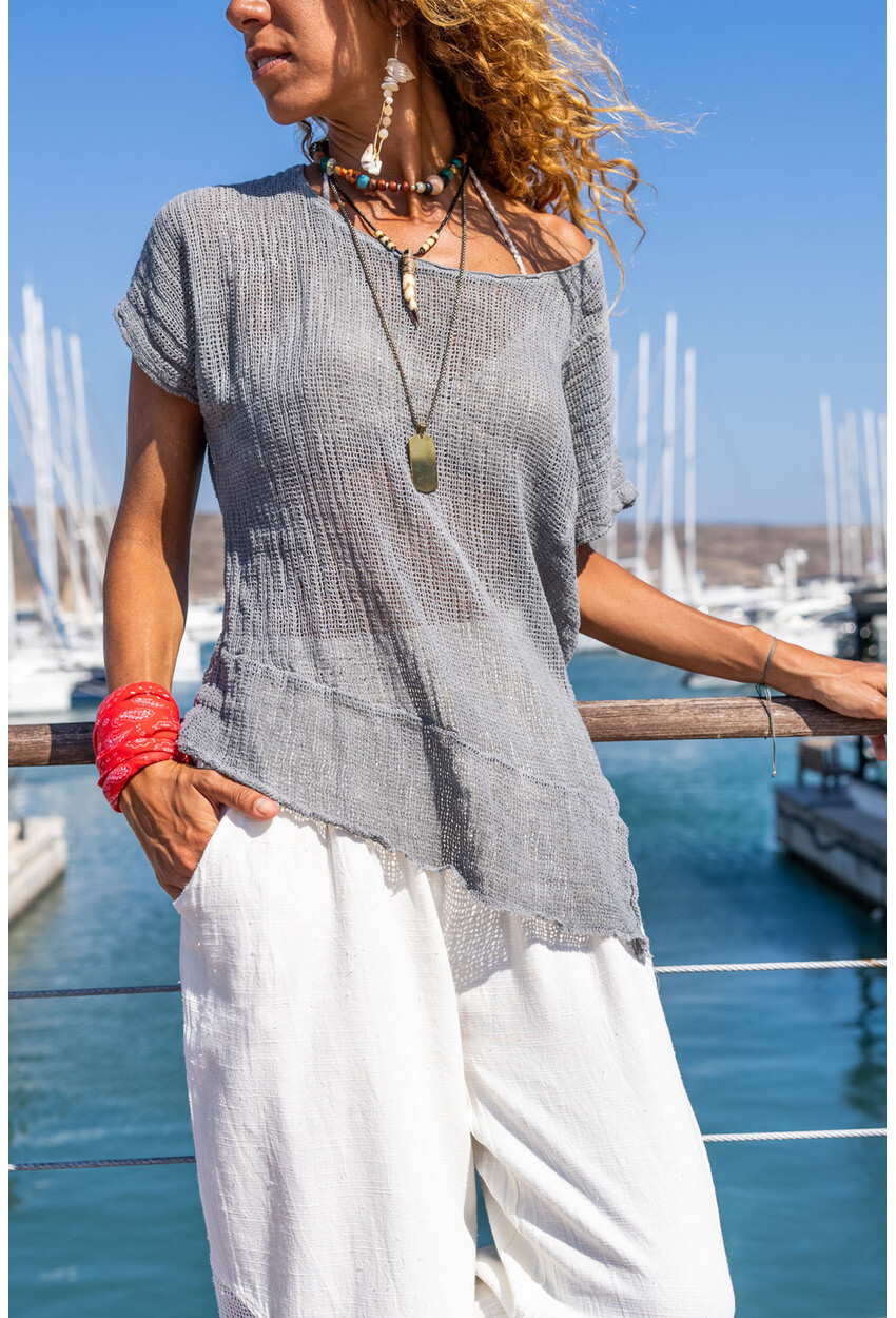 Womens Gray Asymmetric Cut Fishnet Loose Blouse Rsd3031