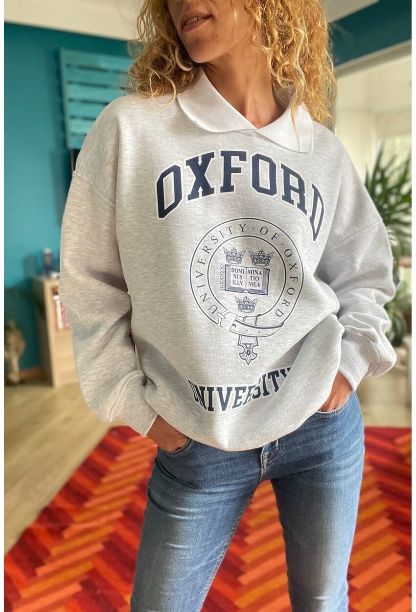 Kadın Gri Baskılı Yakalı Üç İplik Oversize Sweatshirt Son4