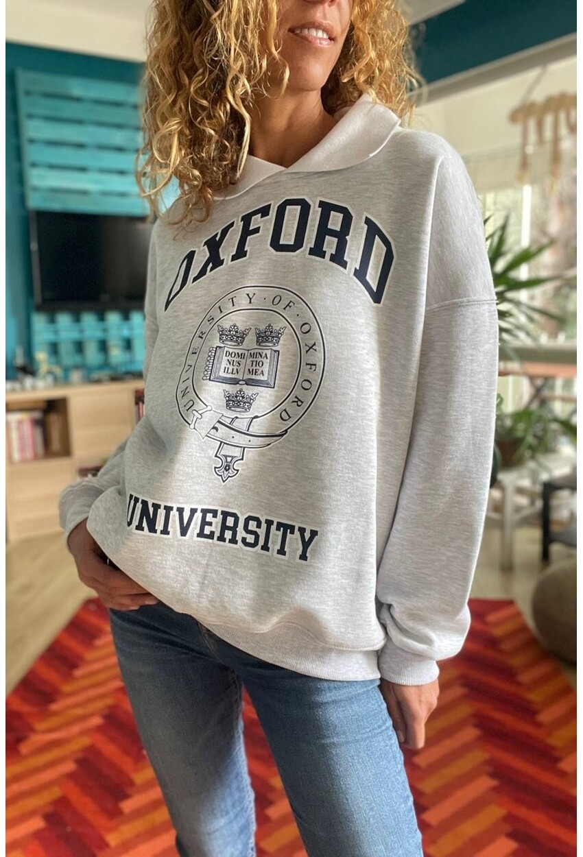Kadın Gri Baskılı Yakalı Üç İplik Oversize Sweatshirt Son4