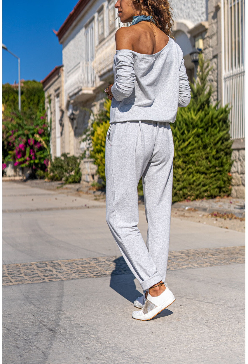Kadın Gri Beli Bağlamalı Paçası Lastikli Cepli Omuz Dekolteli Eşofman Tulum GK-CCKLD351