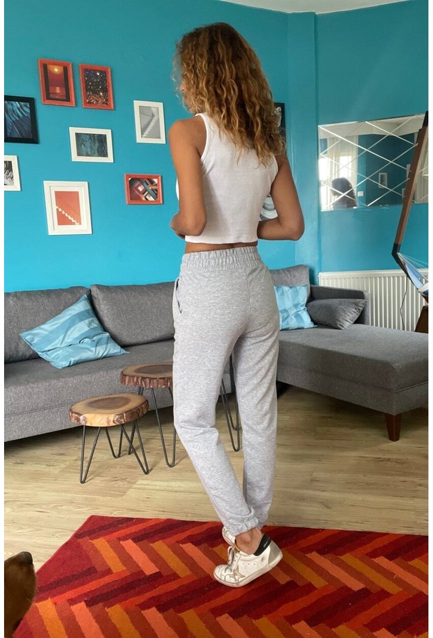 Kadın Gri Beli Paçası Lastikli Cepli İki İplik Eşofman Altı Vl1
