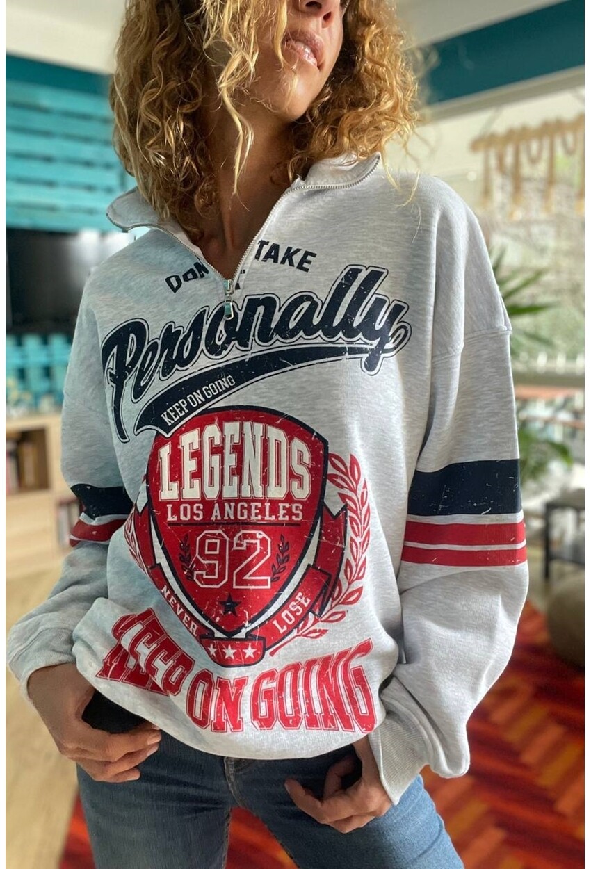 Kadın Gri Fermuarlı Baskılı Üç İplik Salaş Sweatshirt Son2