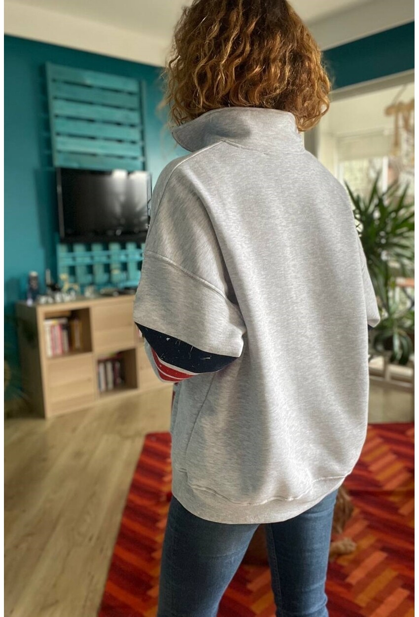 Kadın Gri Fermuarlı Baskılı Üç İplik Salaş Sweatshirt Son2