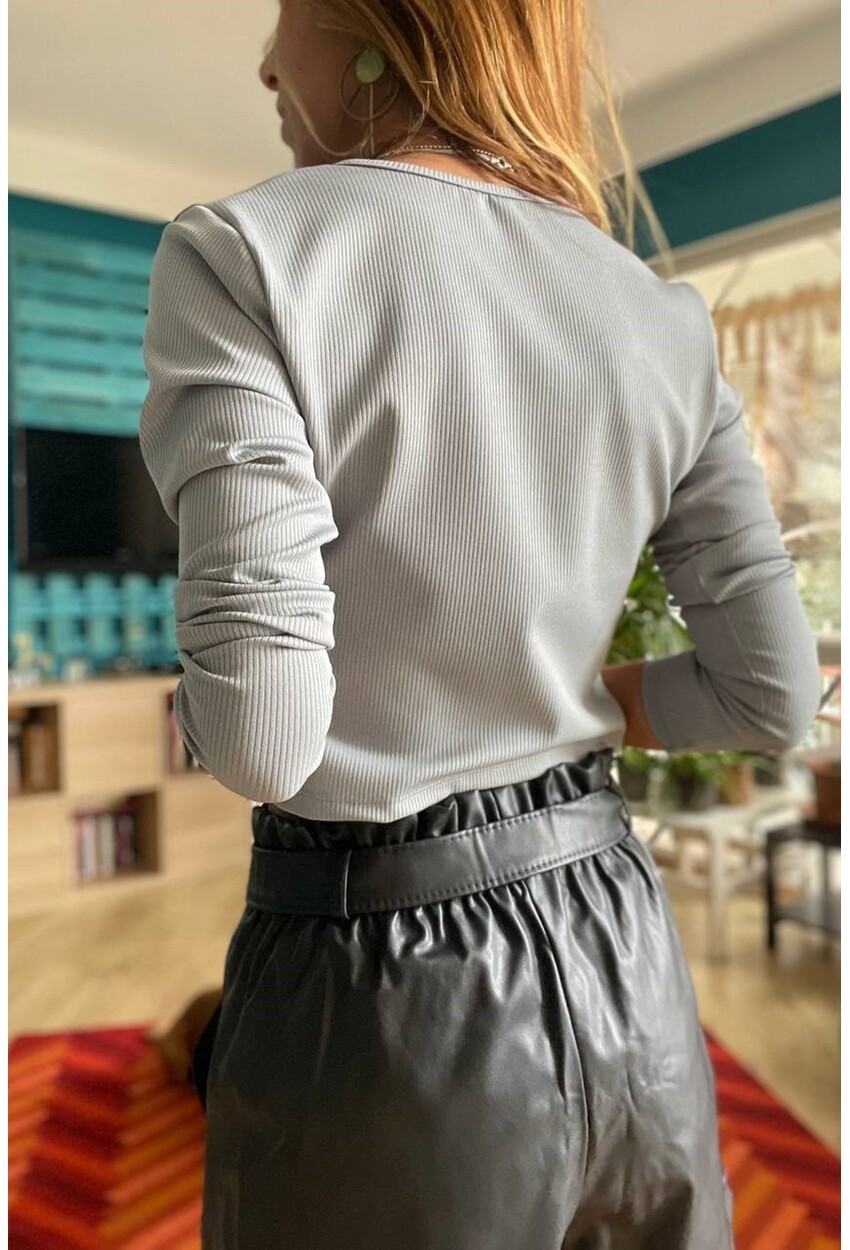 Kadın Gri Fermuarlı Kaşkorse Likralı Crop Bluz Bst3323