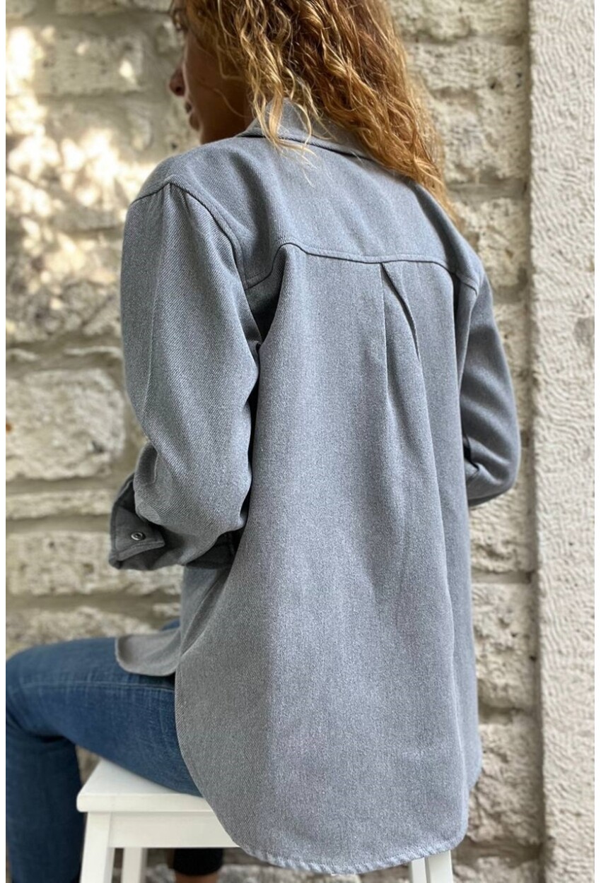 Kadın Gri Gabardin Çift Cep Çıtçıtlı Gömlek Ceket Bst3454